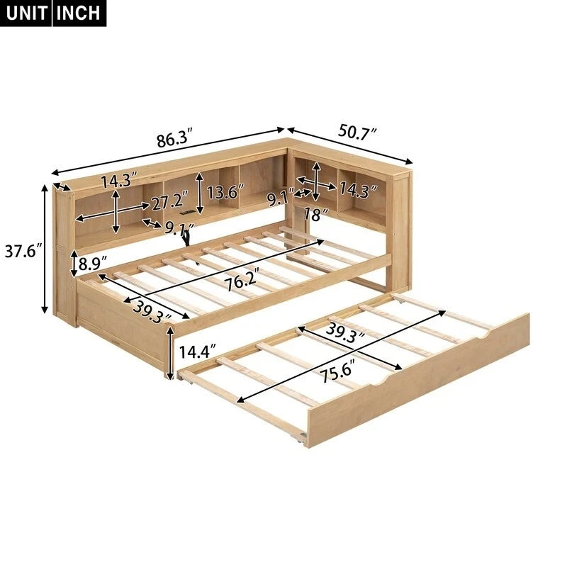 Lit de repos double en bois avec lit gigogne, étagères de rangement intégrées et ports de chargement USB
