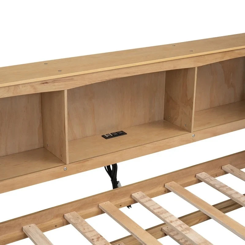 Lit de repos double en bois avec lit gigogne, étagères de rangement intégrées et ports de chargement USB