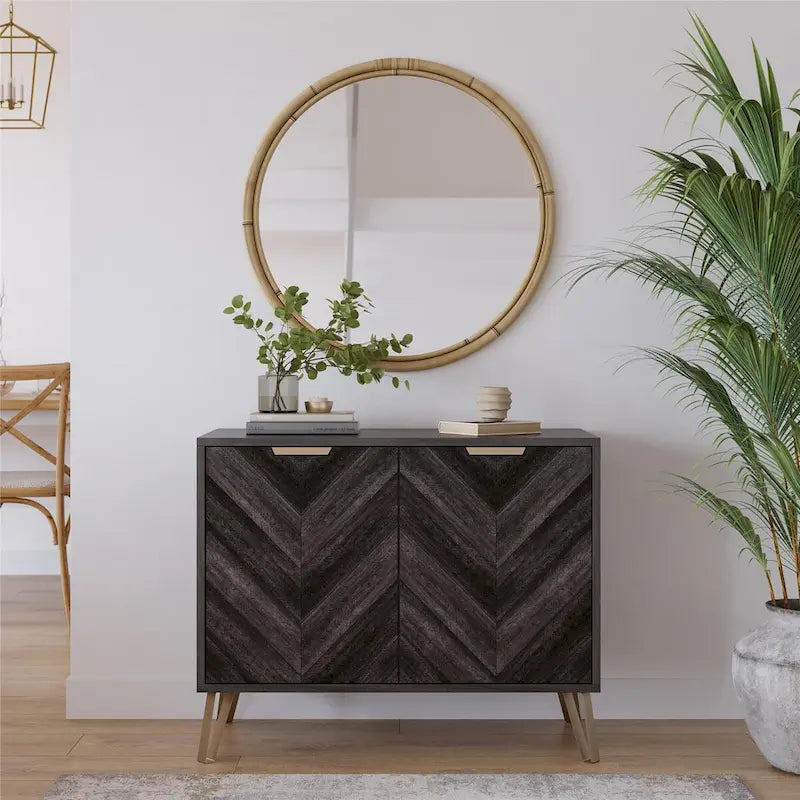 Buffet console de style Mid-Century à 2 portes et portes à chevrons couleur Espresso