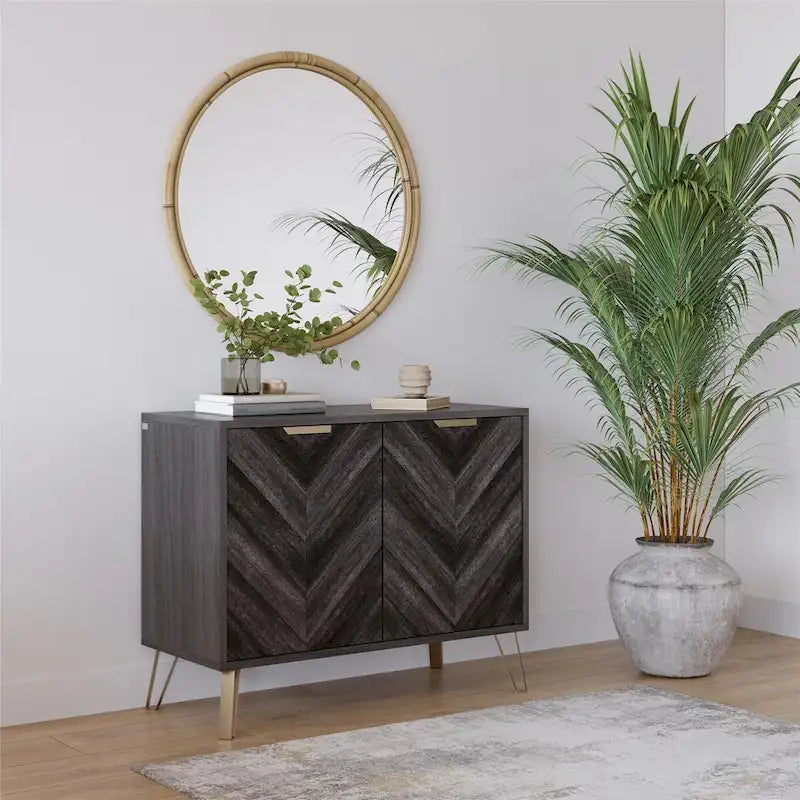 Buffet console de style Mid-Century à 2 portes et portes à chevrons couleur Espresso