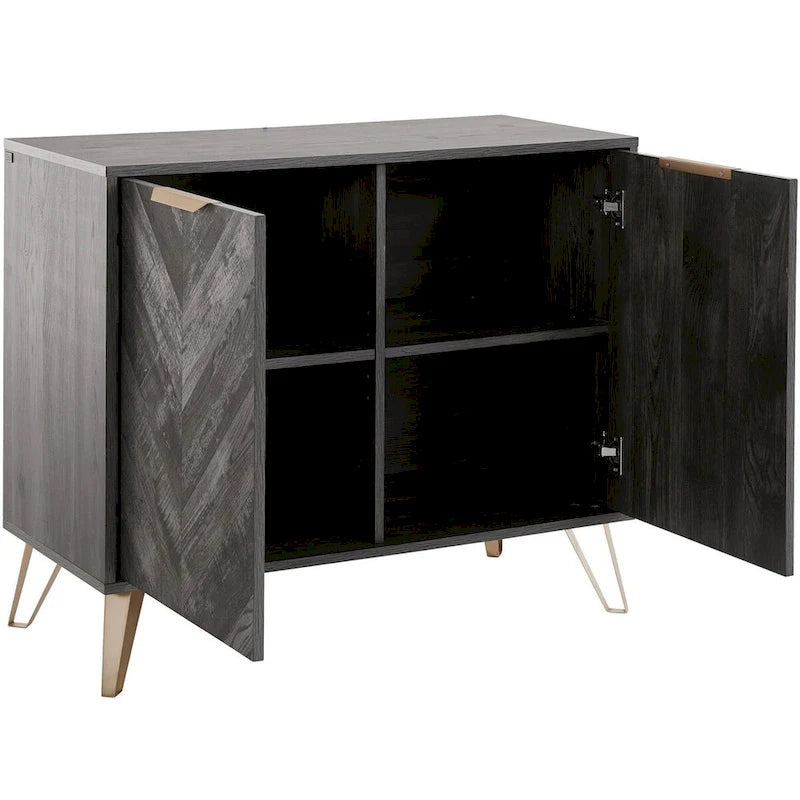 Buffet console de style Mid-Century à 2 portes et portes à chevrons couleur Espresso