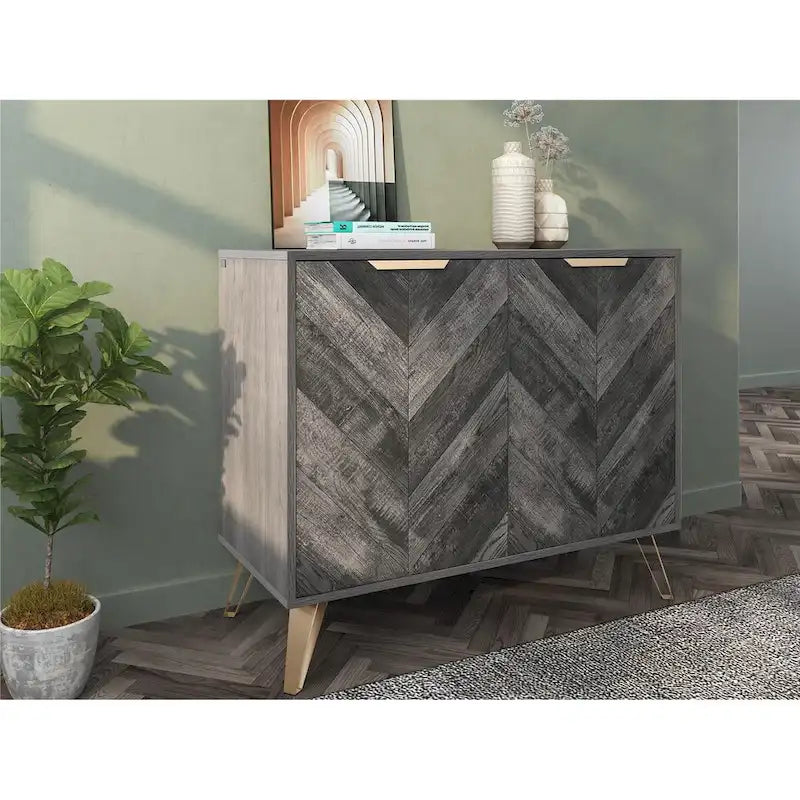 Buffet console de style Mid-Century à 2 portes et portes à chevrons couleur Espresso