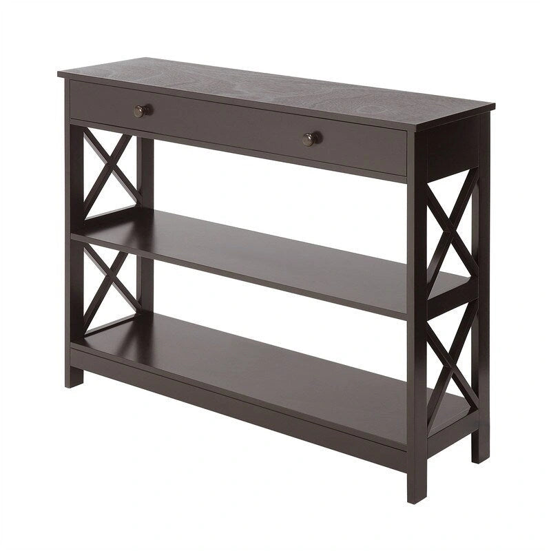 Console en bois avec tiroir et deux étagères ouvertes en X