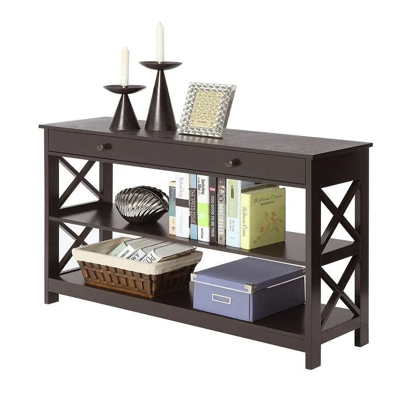 Console en bois avec tiroir et deux étagères ouvertes en X