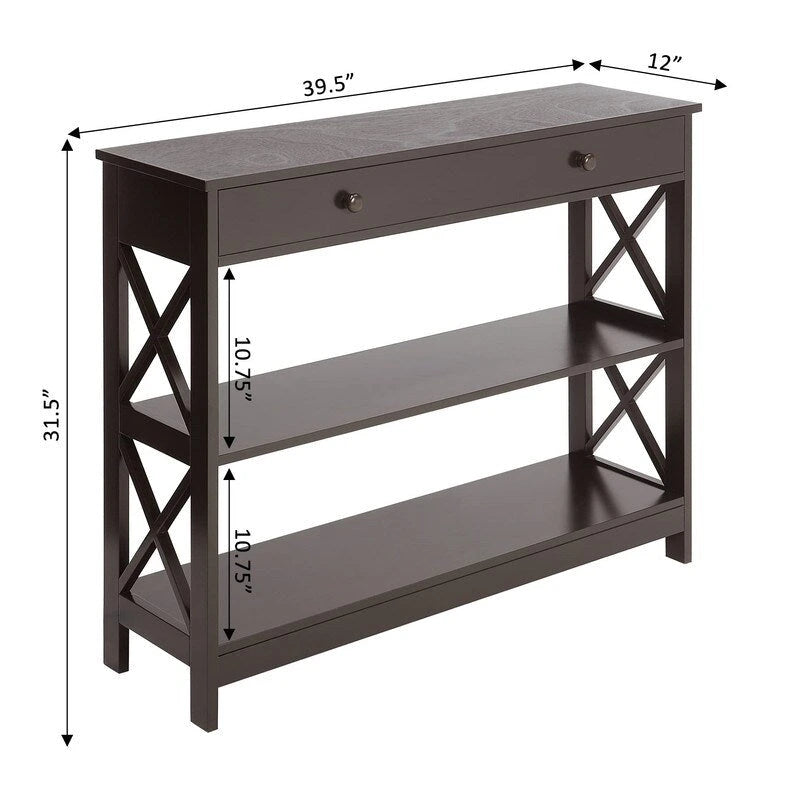 Console en bois avec tiroir et deux étagères ouvertes en X