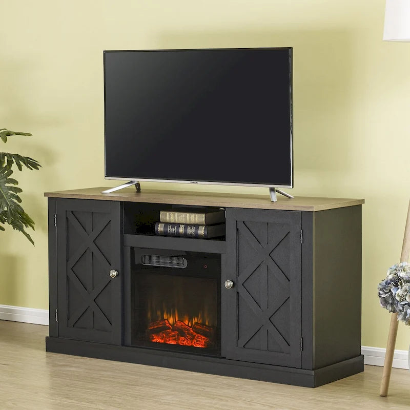 Meuble TV avec cheminée électrique et portes coulissantes style grange, anthracite et blanc cassé