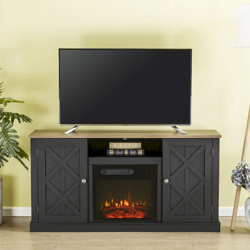 Meuble TV avec cheminée électrique et portes coulissantes style grange, anthracite et blanc cassé