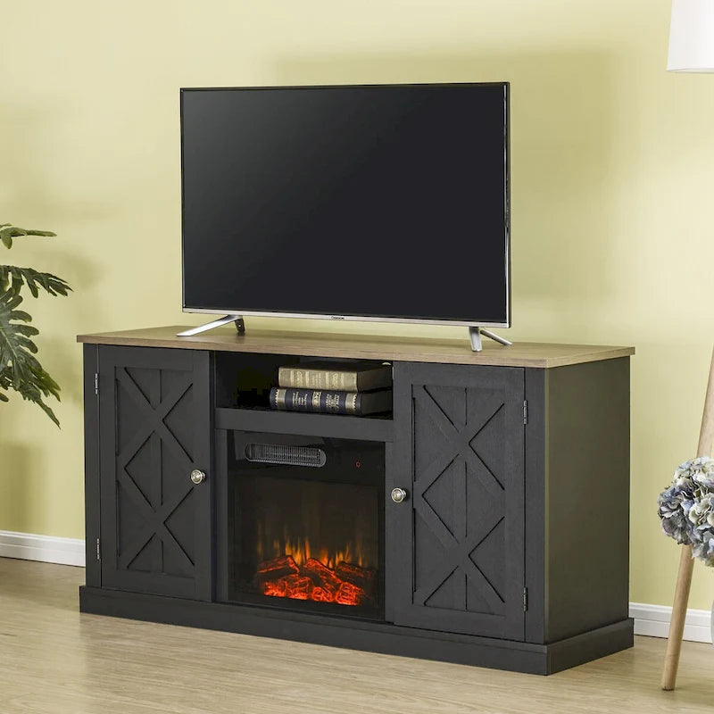 Meuble TV avec cheminée électrique et portes coulissantes style grange, anthracite et blanc cassé
