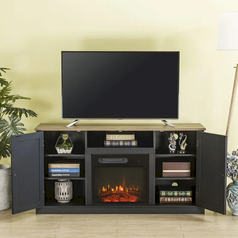 Meuble TV avec cheminée électrique et portes coulissantes style grange, anthracite et blanc cassé