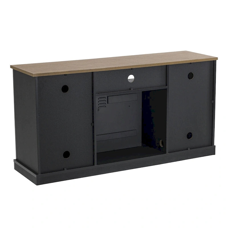 Meuble TV avec cheminée électrique et portes coulissantes style grange, anthracite et blanc cassé