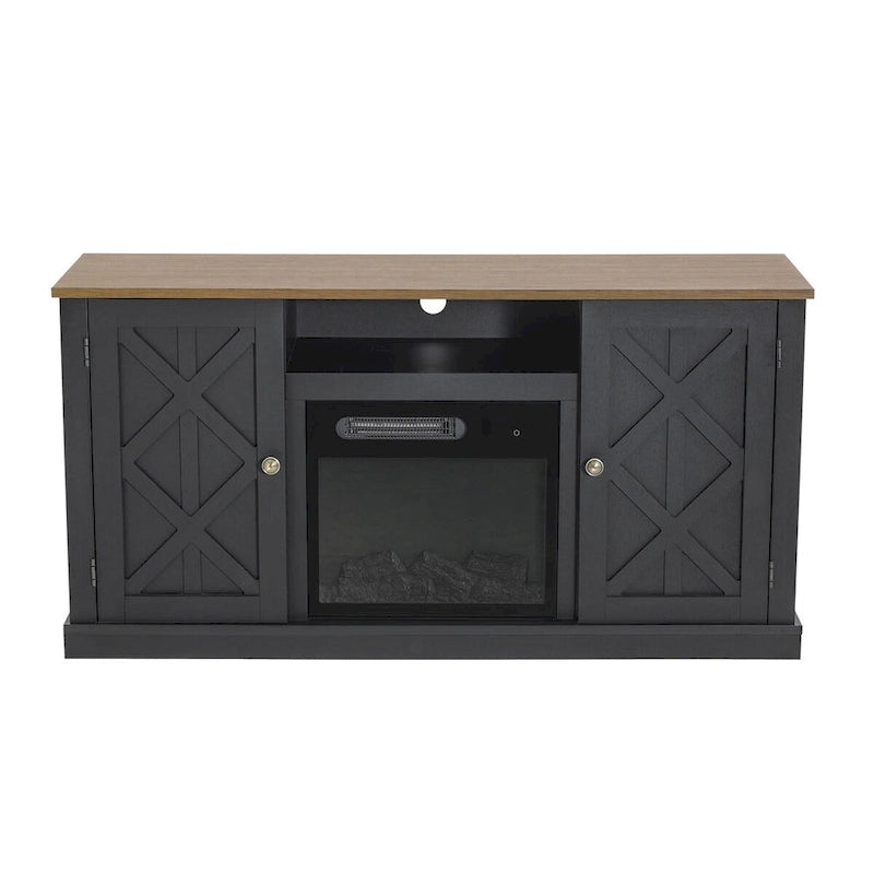 Meuble TV avec cheminée électrique et portes coulissantes style grange, anthracite et blanc cassé