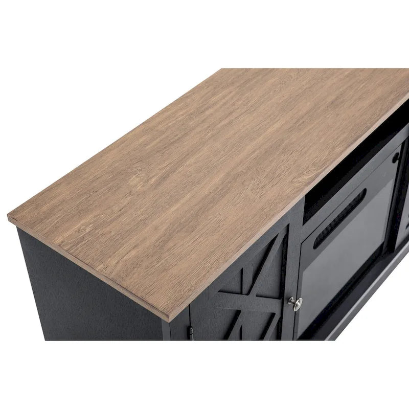 Meuble TV avec cheminée électrique et portes coulissantes style grange, anthracite et blanc cassé