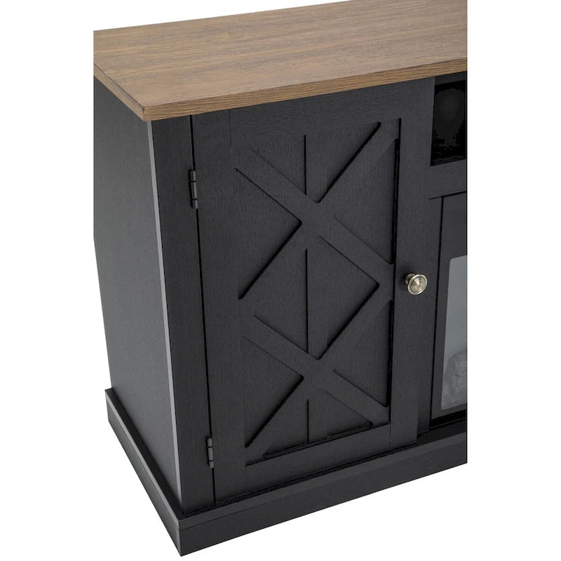 Meuble TV avec cheminée électrique et portes coulissantes style grange, anthracite et blanc cassé