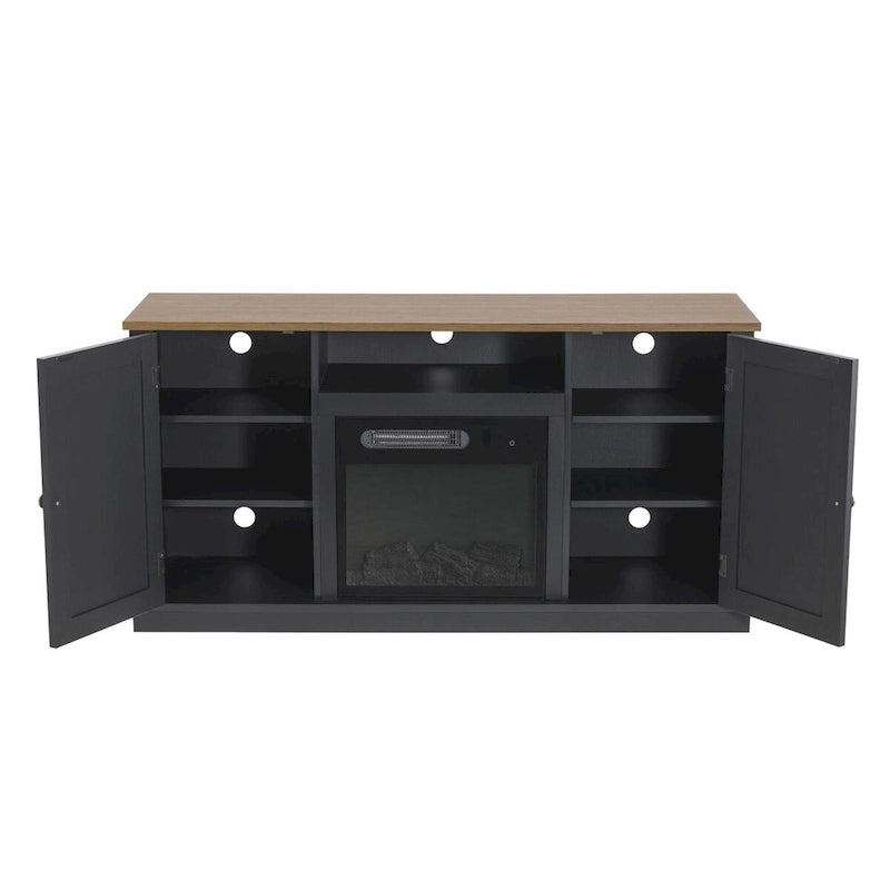 Meuble TV avec cheminée électrique et portes coulissantes style grange, anthracite et blanc cassé