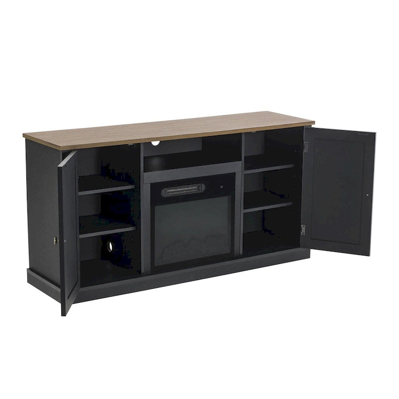 Meuble TV avec cheminée électrique et portes coulissantes style grange, anthracite et blanc cassé