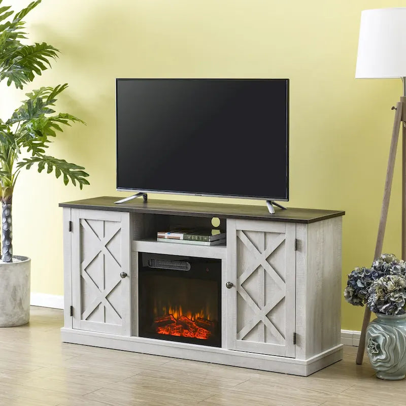 Meuble TV avec cheminée électrique et portes coulissantes style grange, anthracite et blanc cassé