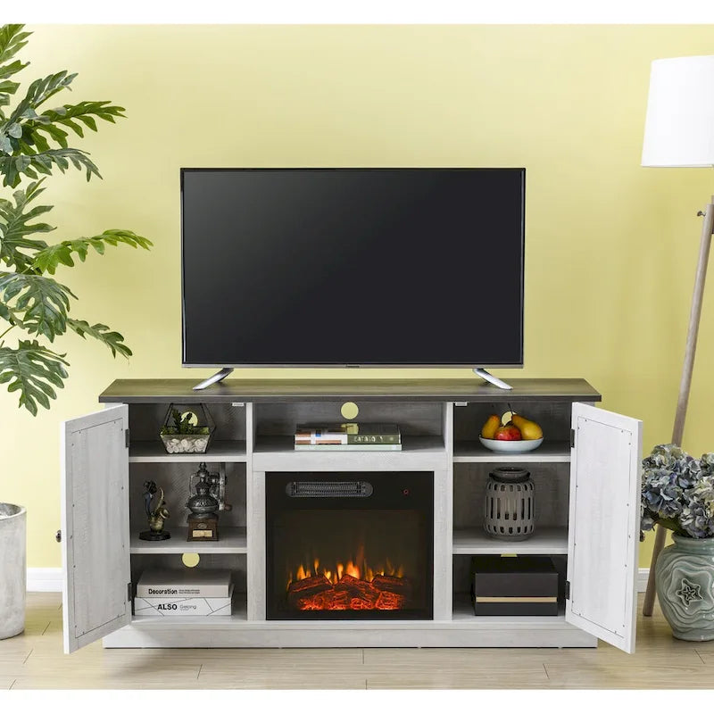 Meuble TV avec cheminée électrique et portes coulissantes style grange, anthracite et blanc cassé