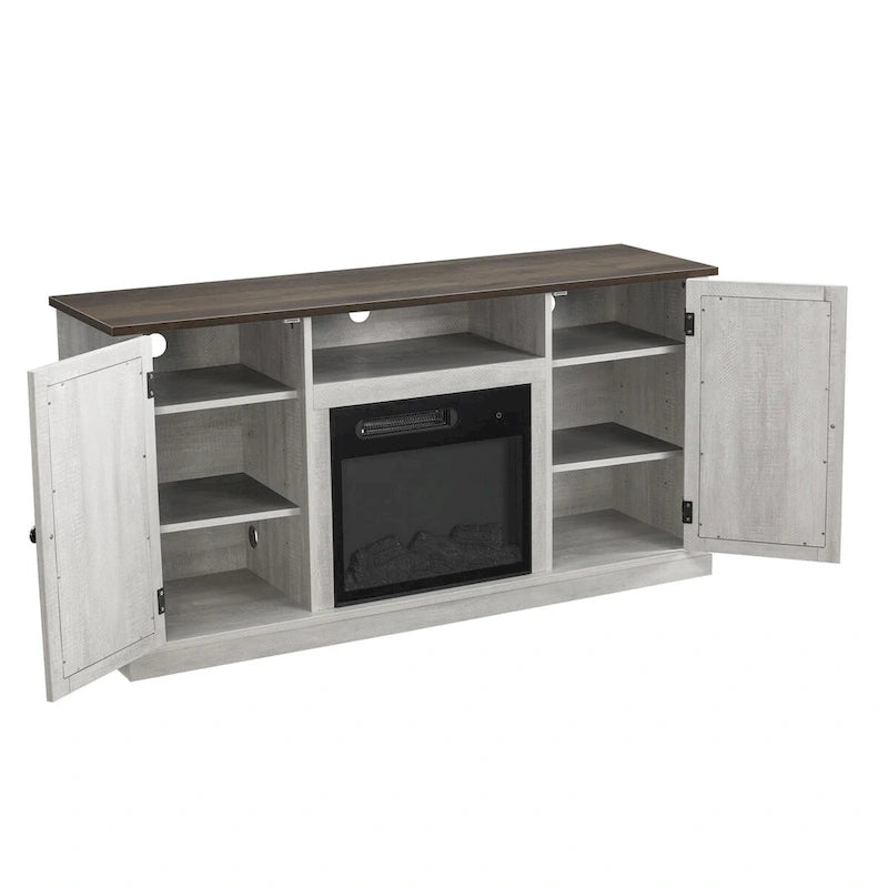 Meuble TV avec cheminée électrique et portes coulissantes style grange, anthracite et blanc cassé