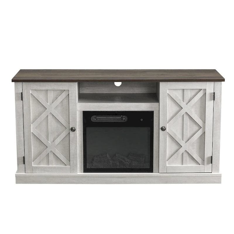 Meuble TV avec cheminée électrique et portes coulissantes style grange, anthracite et blanc cassé