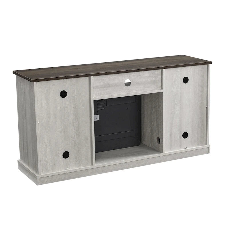 Meuble TV avec cheminée électrique et portes coulissantes style grange, anthracite et blanc cassé