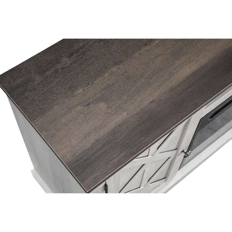 Meuble TV avec cheminée électrique et portes coulissantes style grange, anthracite et blanc cassé