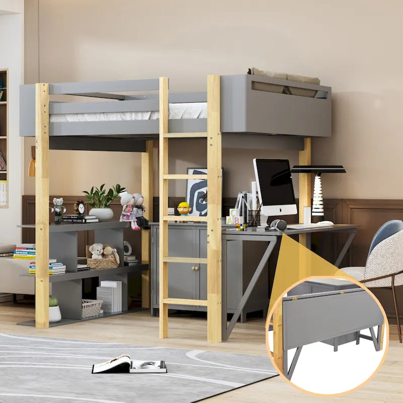 Lit mezzanine gris et blanc en bois avec armoire de rangement, étagères ouvertes et bureau pliable