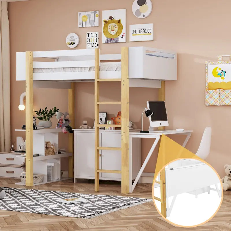 Lit mezzanine gris et blanc en bois avec armoire de rangement, étagères ouvertes et bureau pliable