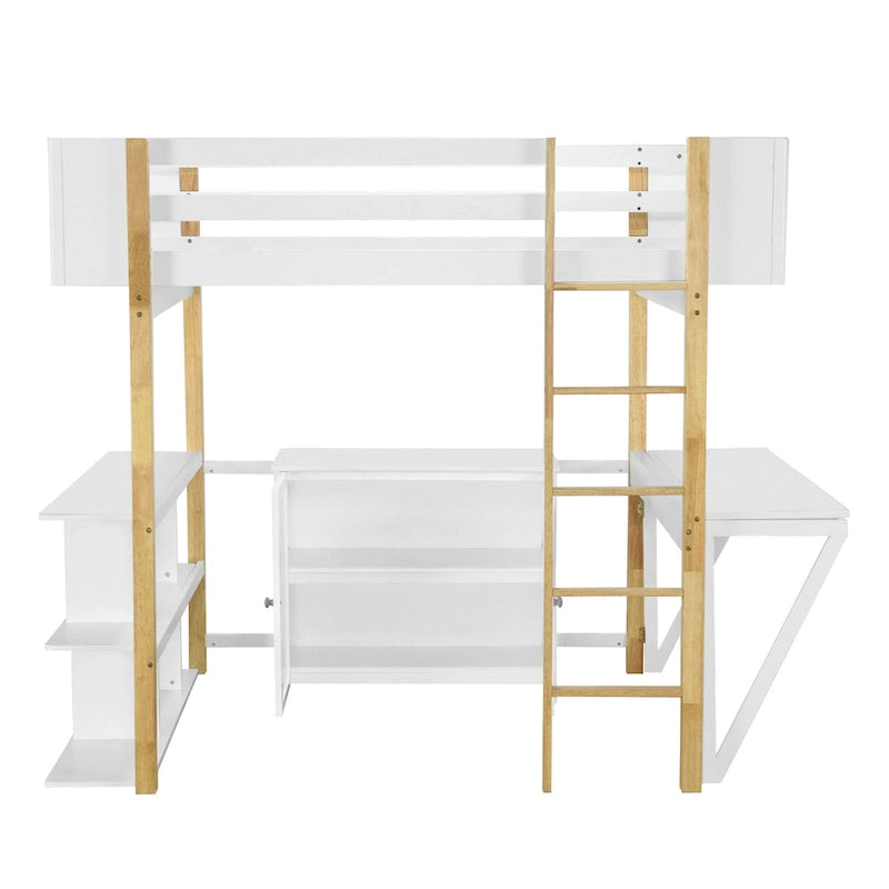 Lit mezzanine gris et blanc en bois avec armoire de rangement, étagères ouvertes et bureau pliable