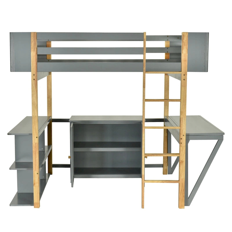 Lit mezzanine gris et blanc en bois avec armoire de rangement, étagères ouvertes et bureau pliable