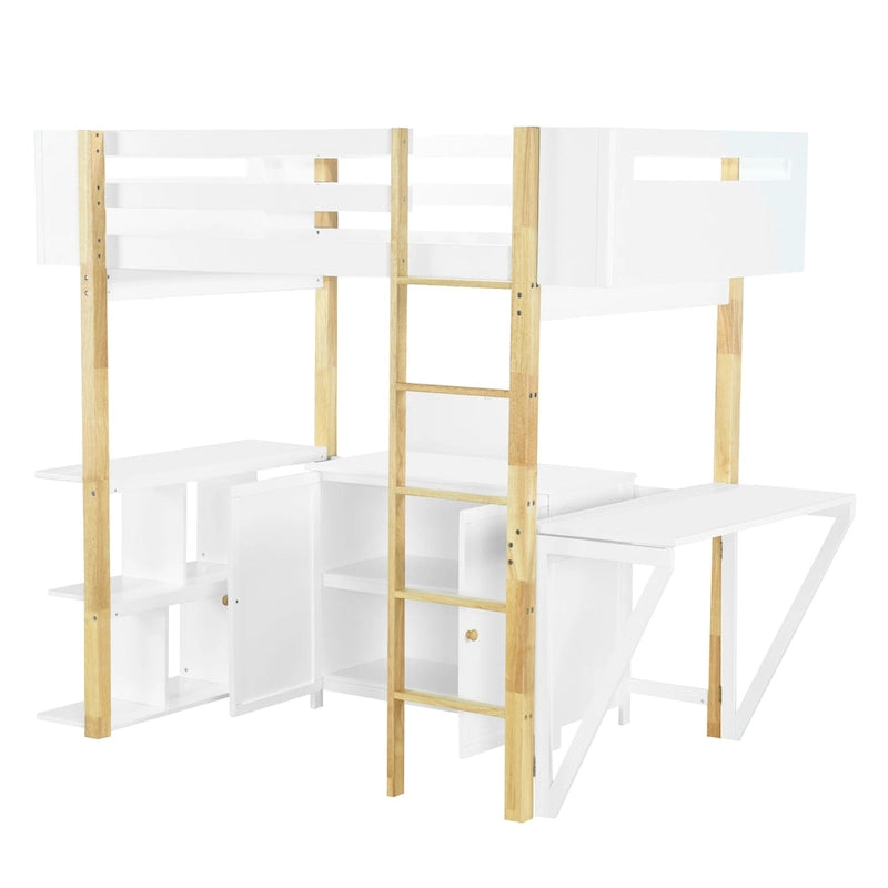 Lit mezzanine gris et blanc en bois avec armoire de rangement, étagères ouvertes et bureau pliable