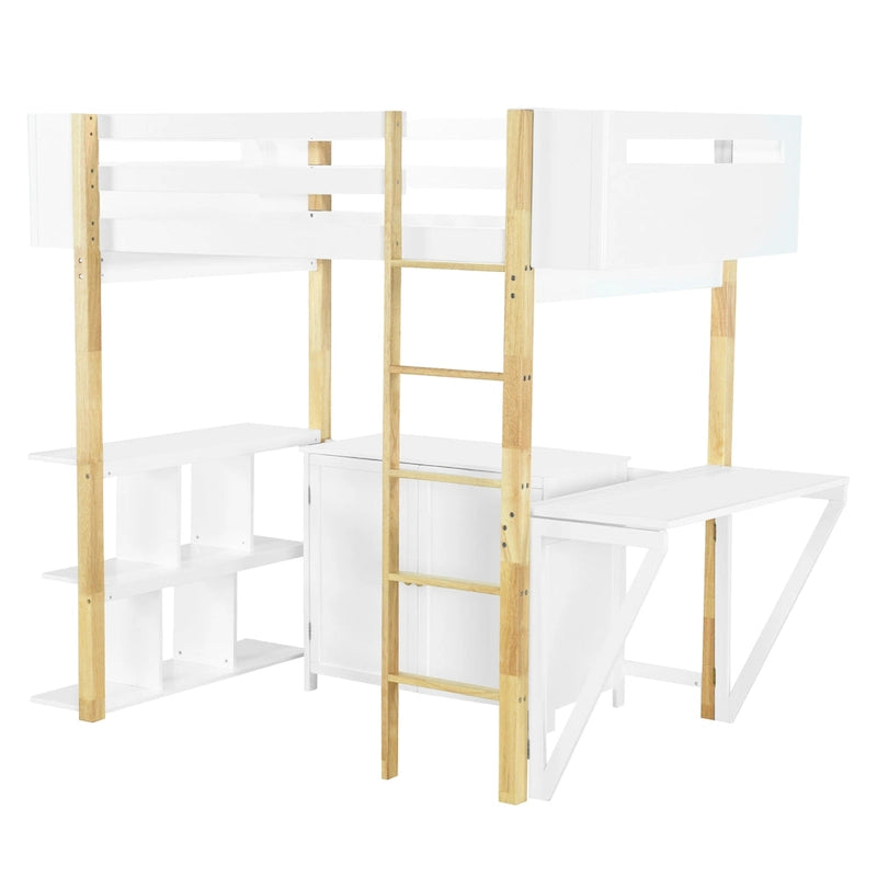 Lit mezzanine gris et blanc en bois avec armoire de rangement, étagères ouvertes et bureau pliable