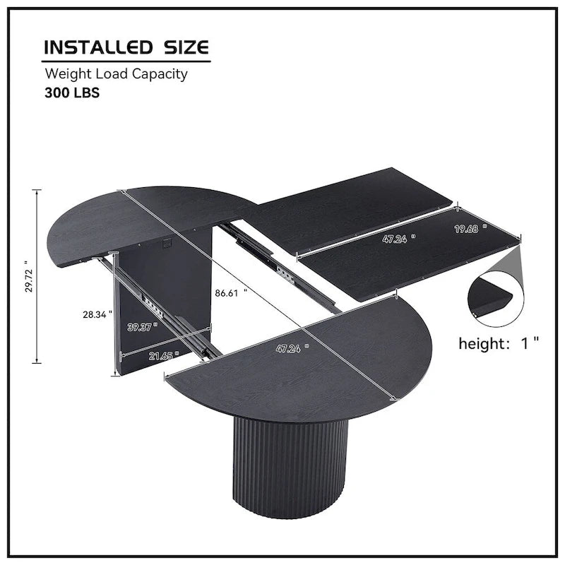 Table à manger ovale noire extensible avec pied central cannelé