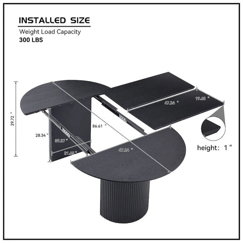 Table à manger ovale noire extensible avec pied central cannelé
