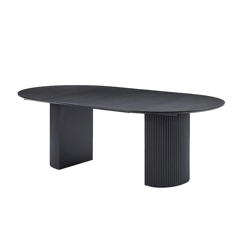 Table à manger ovale noire extensible avec pied central cannelé