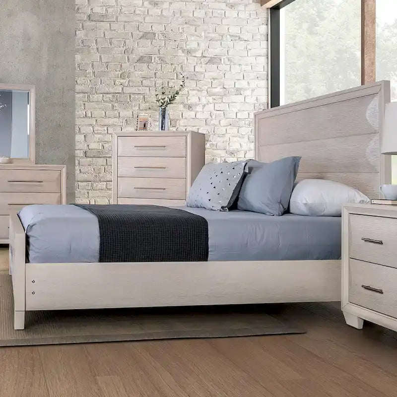 Cadre de lit moderne en bois à panneaux arrondis Espresso Chêne blanc Queen King