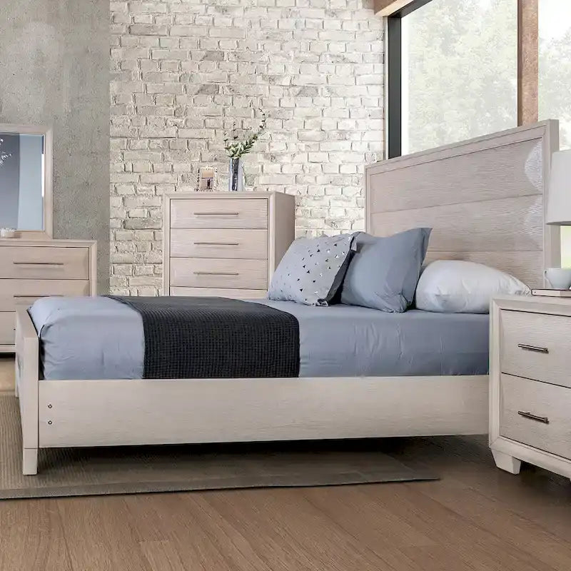 Cadre de lit moderne en bois à panneaux arrondis Espresso Chêne blanc Queen King