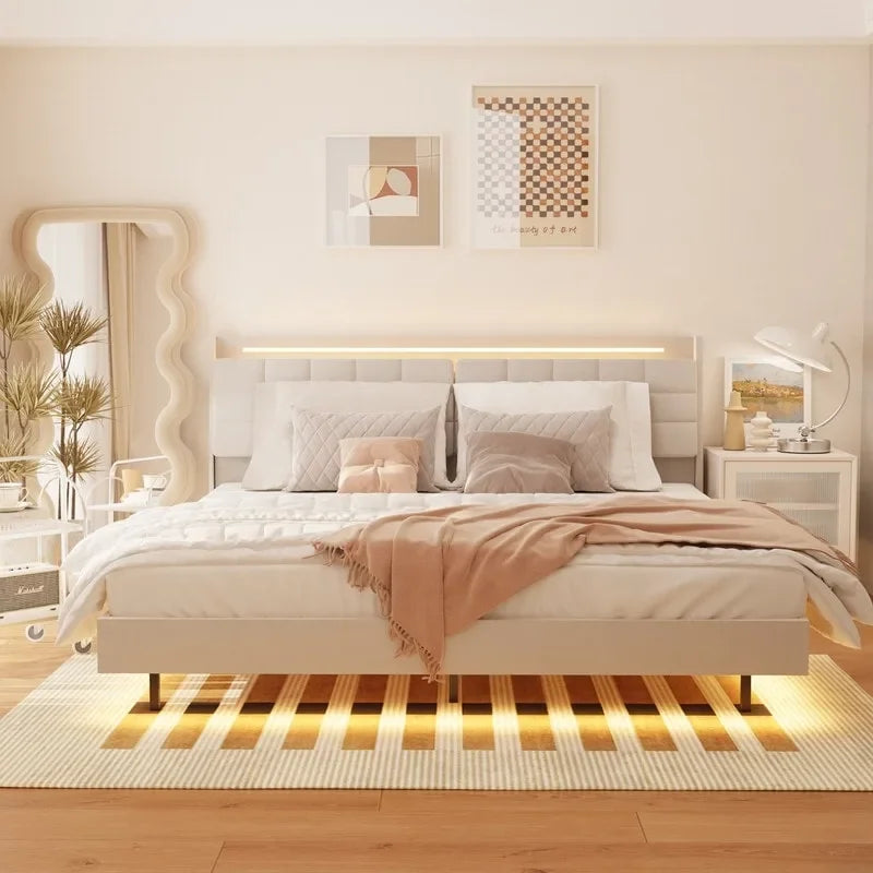 Lit plateforme flottant rembourré avec éclairage LED et chargement USB, blanc