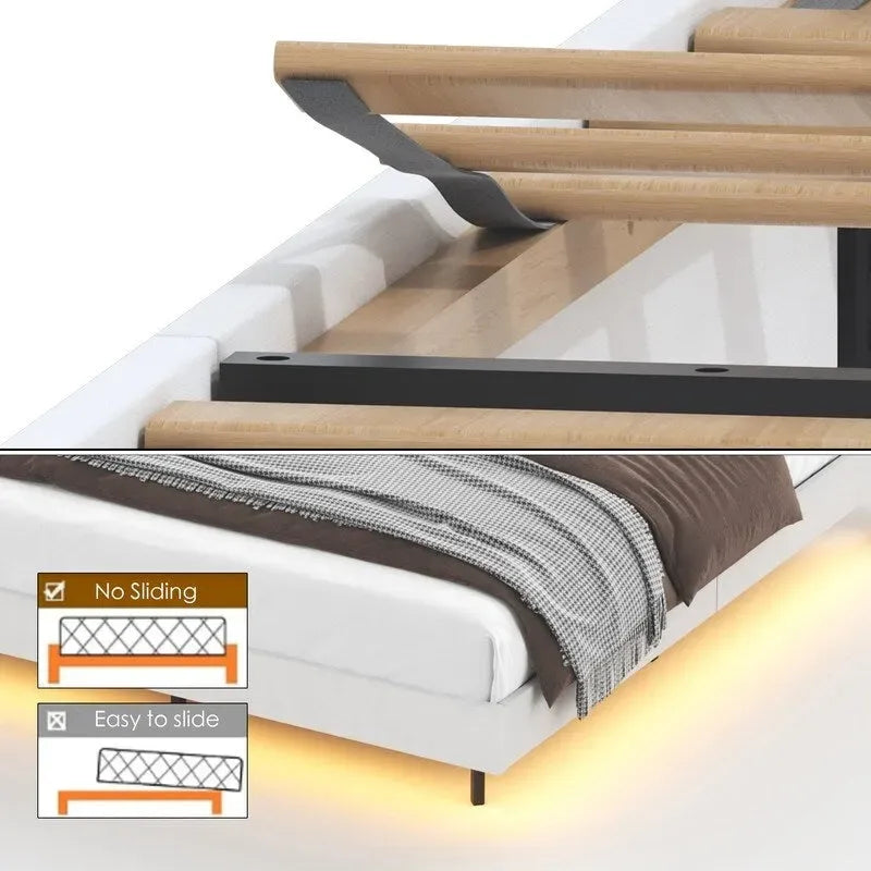 Lit plateforme flottant rembourré avec éclairage LED et chargement USB, blanc