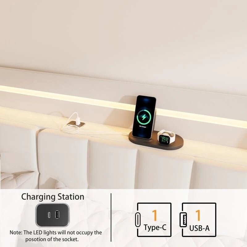 Lit plateforme flottant rembourré avec éclairage LED et chargement USB, blanc
