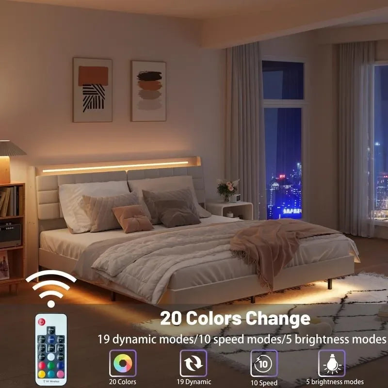 Lit plateforme flottant rembourré avec éclairage LED et chargement USB, blanc