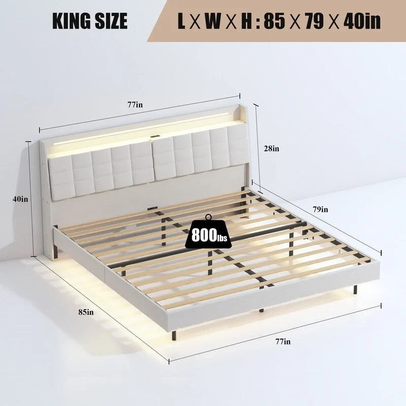 Lit plateforme flottant rembourré avec éclairage LED et chargement USB, blanc