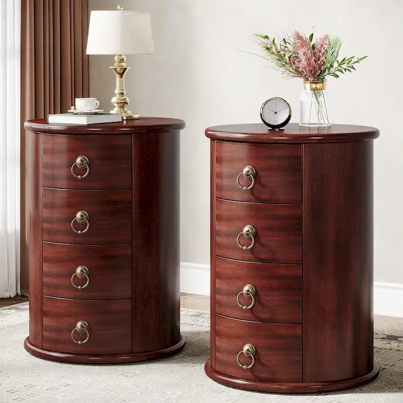 Table d'appoint ronde en bois massif avec 4 tiroirs, poignées à anneaux en bronze vintage, aucun assemblage requis