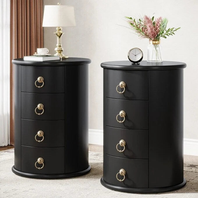 Table d'appoint ronde en bois massif avec 4 tiroirs, poignées à anneaux en bronze vintage, aucun assemblage requis
