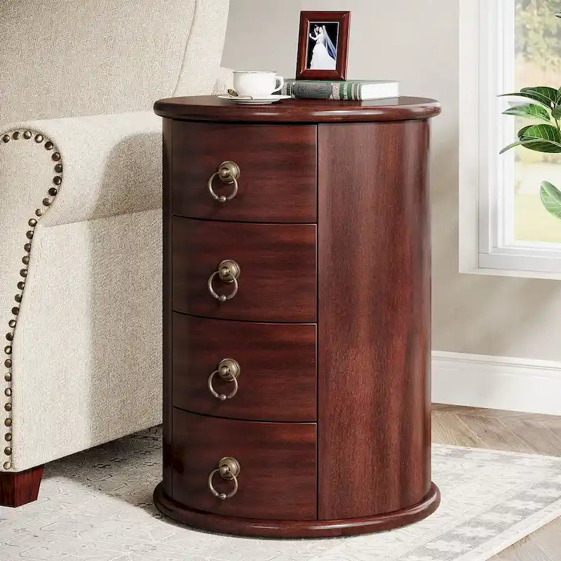 Table d'appoint ronde en bois massif avec 4 tiroirs, poignées à anneaux en bronze vintage, aucun assemblage requis