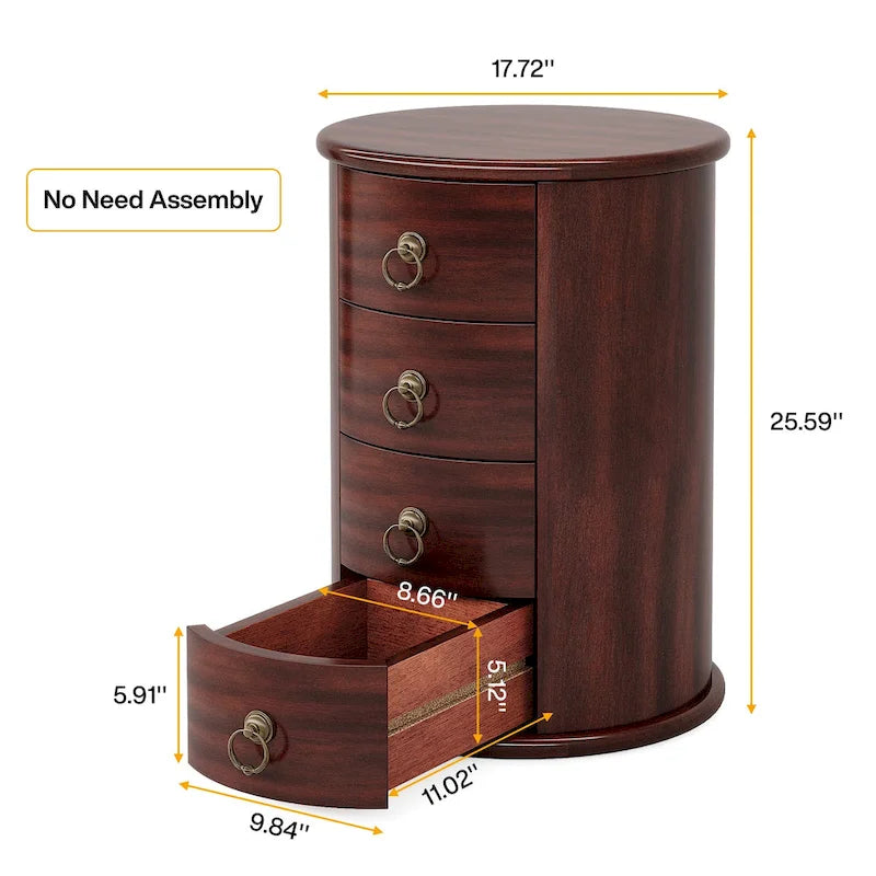 Table d'appoint ronde en bois massif avec 4 tiroirs, poignées à anneaux en bronze vintage, aucun assemblage requis