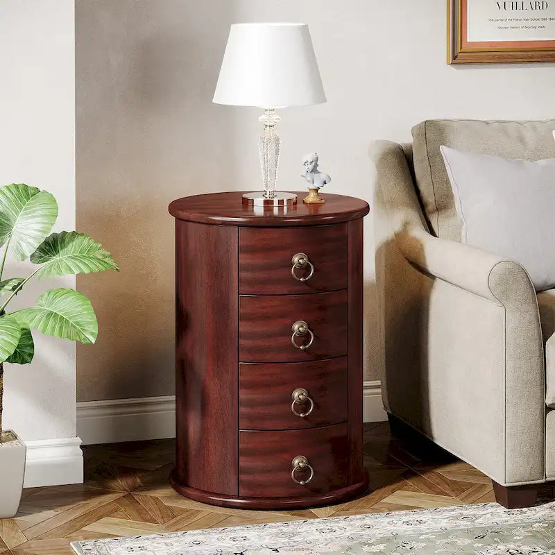 Table d'appoint ronde en bois massif avec 4 tiroirs, poignées à anneaux en bronze vintage, aucun assemblage requis