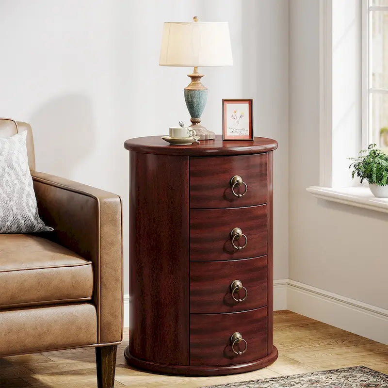 Table d'appoint ronde en bois massif avec 4 tiroirs, poignées à anneaux en bronze vintage, aucun assemblage requis