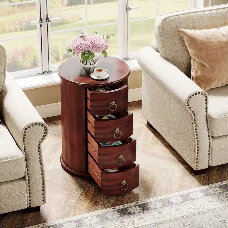 Table d'appoint ronde en bois massif avec 4 tiroirs, poignées à anneaux en bronze vintage, aucun assemblage requis
