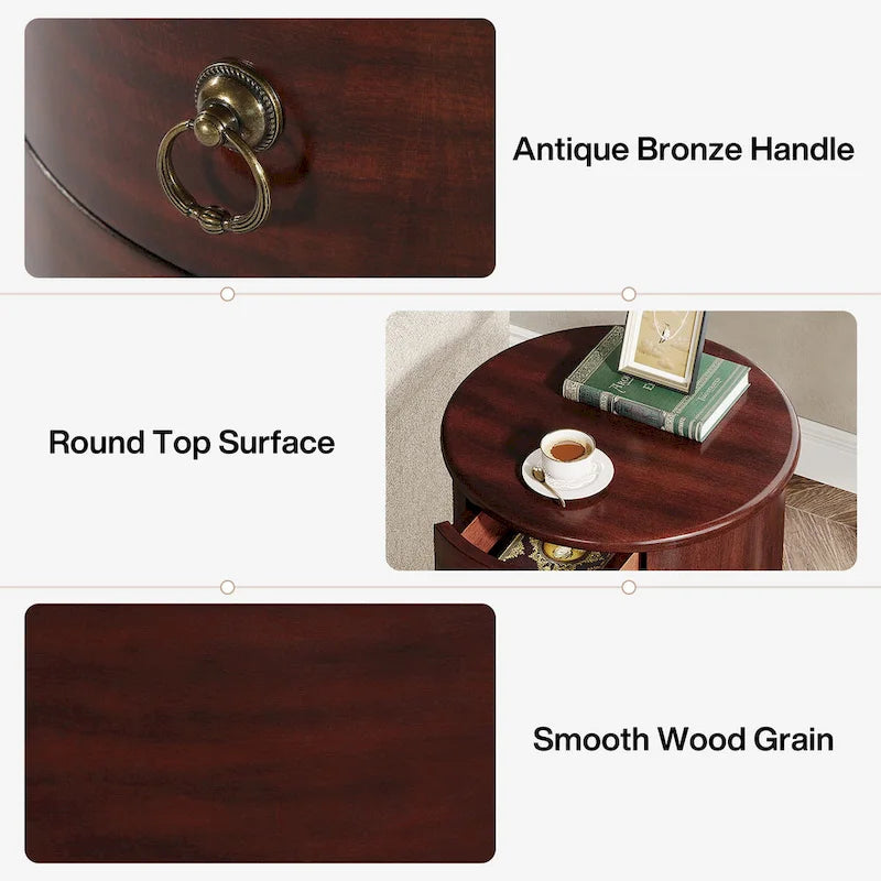 Table d'appoint ronde en bois massif avec 4 tiroirs, poignées à anneaux en bronze vintage, aucun assemblage requis