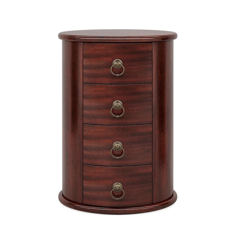 Table d'appoint ronde en bois massif avec 4 tiroirs, poignées à anneaux en bronze vintage, aucun assemblage requis